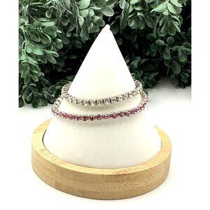 Elegant Pink Crystal Stretch Tennis Bracelet Duo Set Silver Two Tone